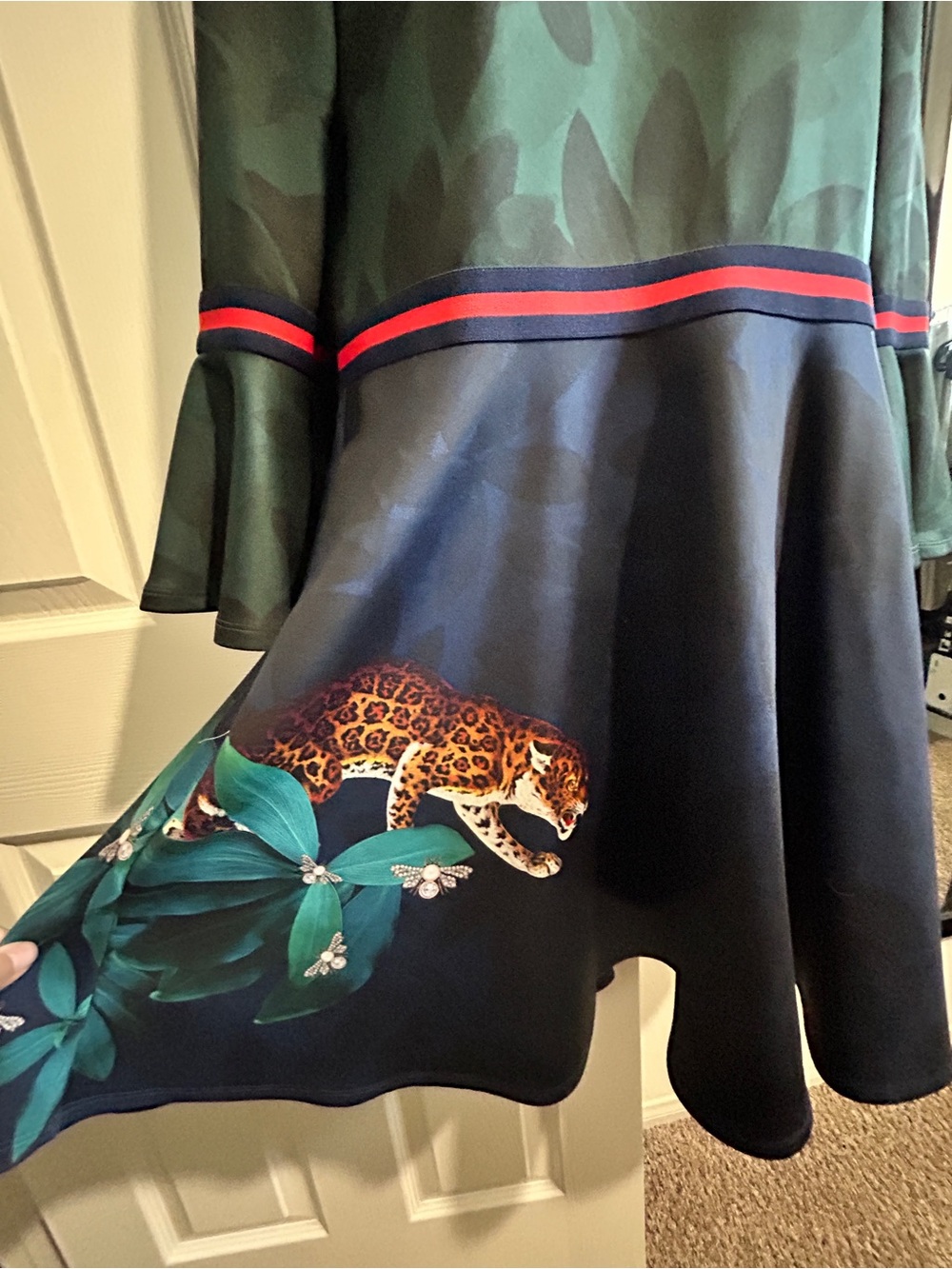 Ted Baker Green and Navy Floral Dress with Leopard Accent - Picture 2 of 5